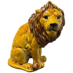 Vintage Handmade Italian Ceramic Lion Figurine Yellow Brown Glaze Sitting Regal